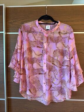 CAbi Pink Leopard-Print Button Front Blouse